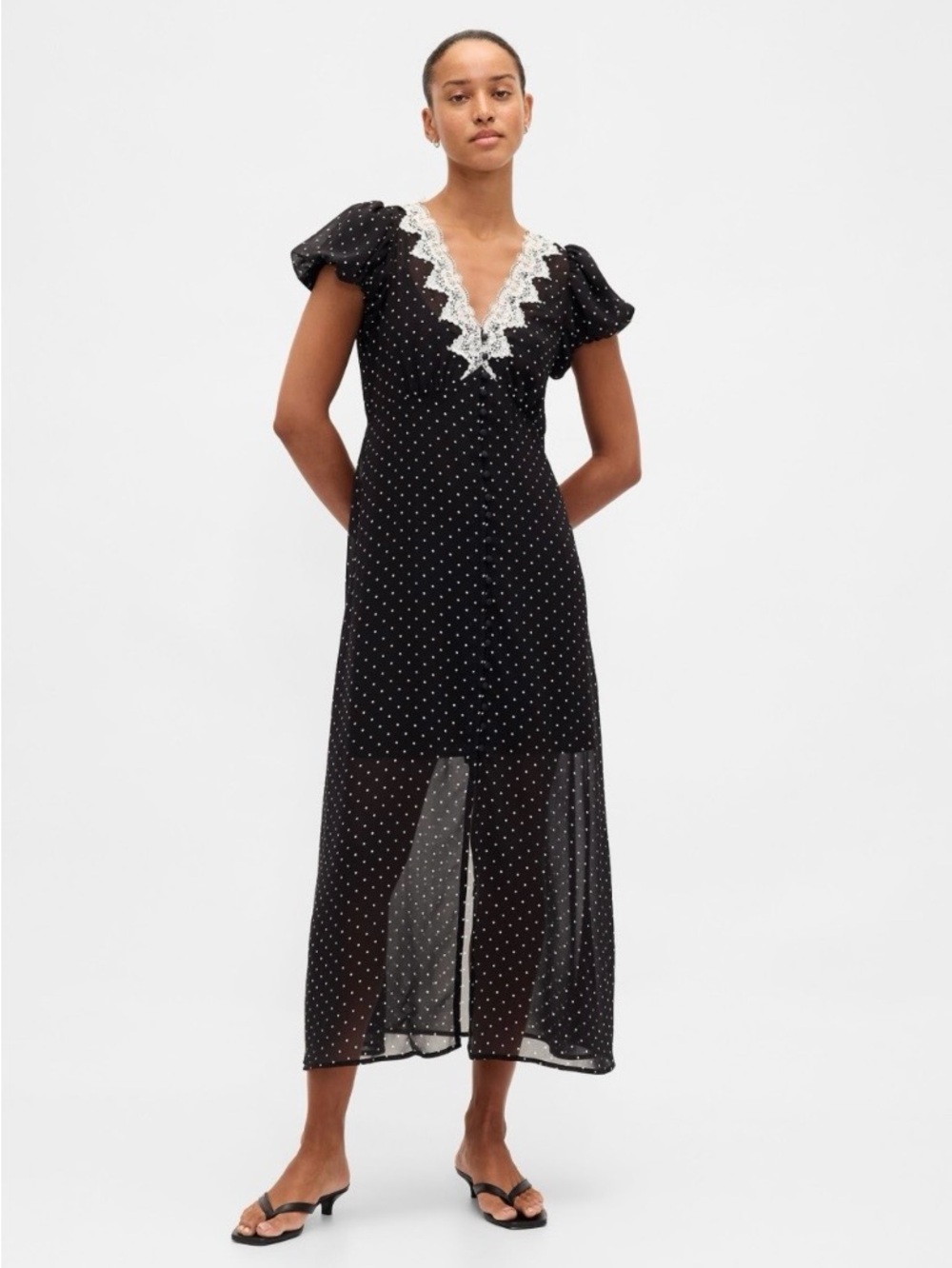 Gap Lace Trim V Neck Maxi Dress Black Polka Dot size M